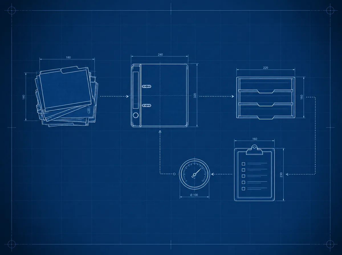 Blueprint drawing of folders feeding into one binder beside a gauge