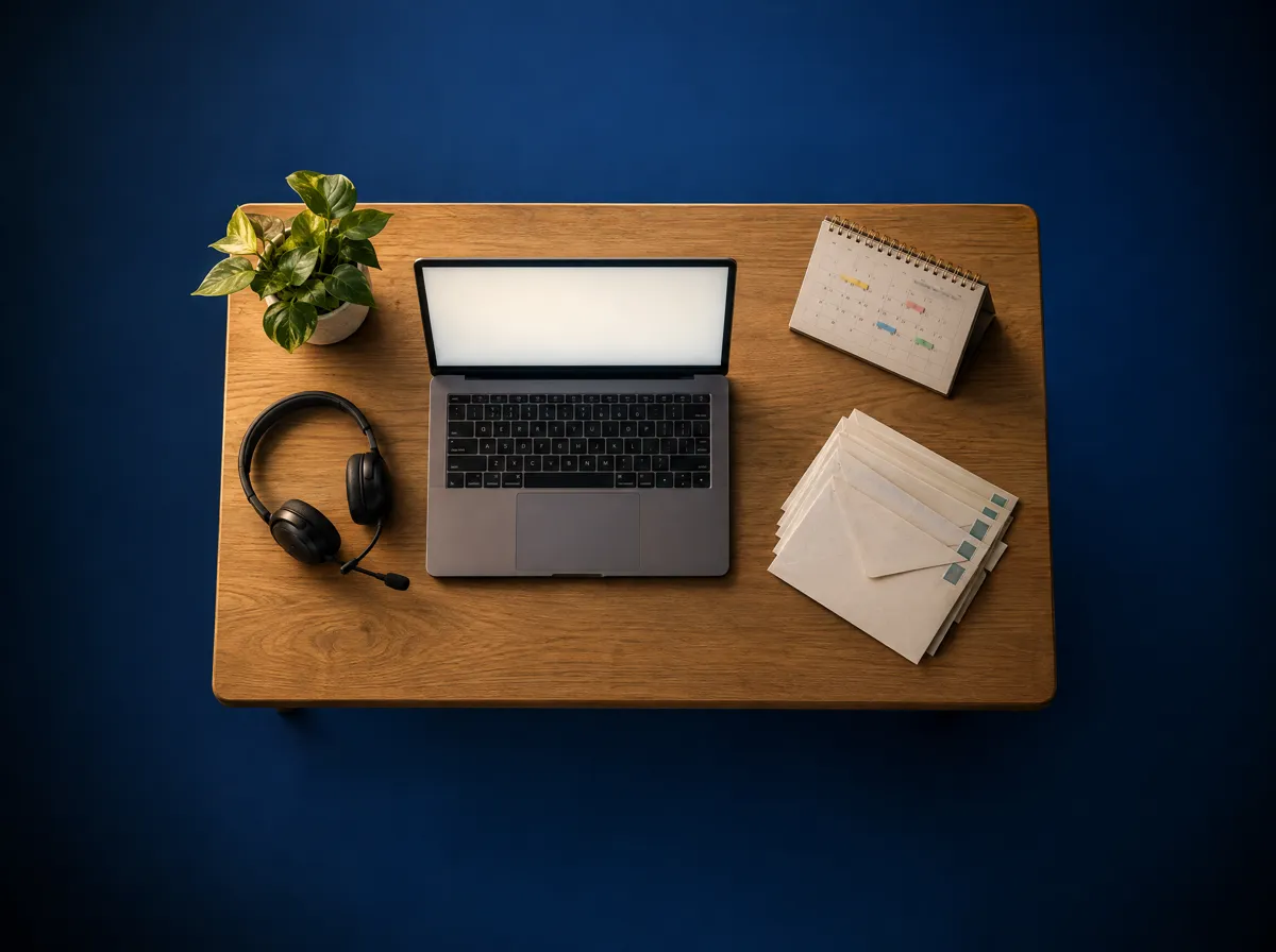 A sales desk with a laptop, headset and a fan of addressed envelopes